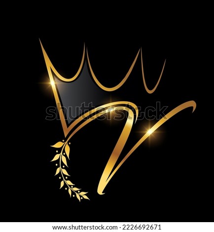 Vector Illustration of Gold Crown and Leaf Monogram Initial letter V in black background with gold shine effect