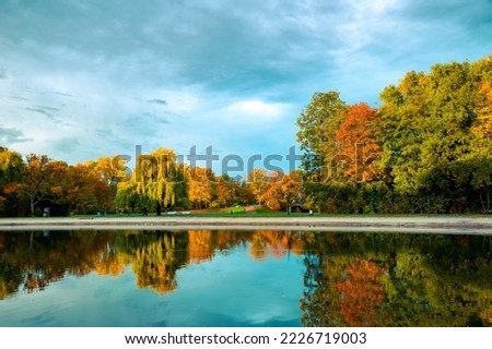 Beautiful autumn landscape, trees in the morning light are reflected in the lake.