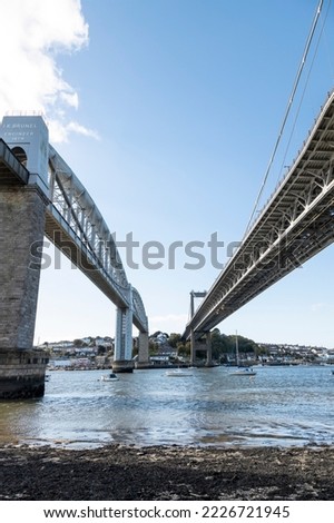 Photograph of the Tamar bridge taken from below and central to the two bridges.