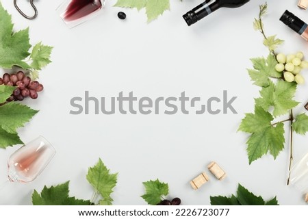 Flat-lay of red, rose and white wine in glasses, Branch of grape vine, bottles of wine on white background. Wine bar, winery, wine degustation concept. Food and drink mock up, template, border