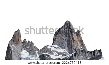 Mount Fitz Roy (also known as Cerro Chaltén, Cerro Fitz Roy, or Monte Fitz Roy) isolated on white background. It is a mountain in Patagonia, on the border between Argentina and Chile. Royalty-Free Stock Photo #2226732413