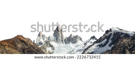 Mount Fitz Roy (also known as Cerro Chaltén, Cerro Fitz Roy, or Monte Fitz Roy) isolated on white background. It is a mountain in Patagonia, on the border between Argentina and Chile. Royalty-Free Stock Photo #2226732415