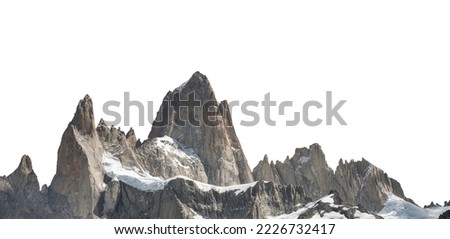 Mount Fitz Roy (also known as Cerro Chaltén, Cerro Fitz Roy, or Monte Fitz Roy) isolated on white background. It is a mountain in Patagonia, on the border between Argentina and Chile. Royalty-Free Stock Photo #2226732417