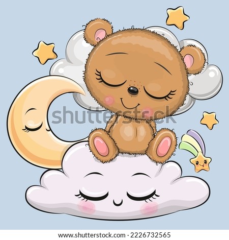 Cute Cartoon Teddy Bear is sleeping a on the Cloud