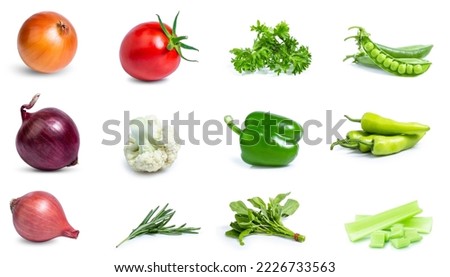 mix set collection vegetable fresh isolated on white background onion tomato Pea parsley chili pepper   Royalty-Free Stock Photo #2226733563