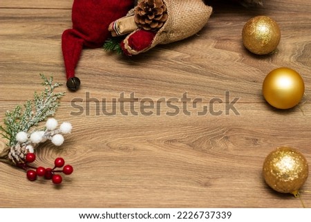 Holiday decorations on wood background