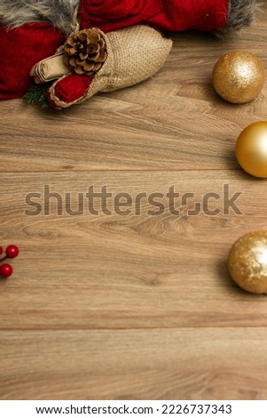 Holiday decorations on wood background