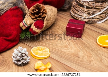 Holiday decorations on wood background.  Christmas themes