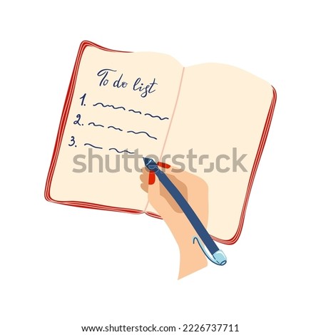 Person is writing a to-do list in diary. Daily routine, planning. Wright down work tasks in notebook. Flat style hand drawn vector illustration.