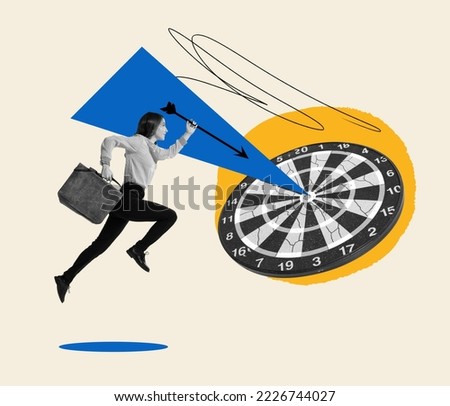 Contemporary art collage. Conceptual design with young woman, motivated employee running forward to reach goal, professional success. Concept of business, career development, achievement