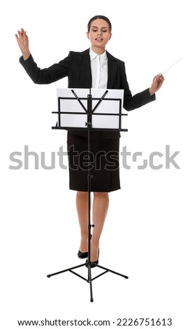 Professional conductor with baton and note stand on white background Royalty-Free Stock Photo #2226751613