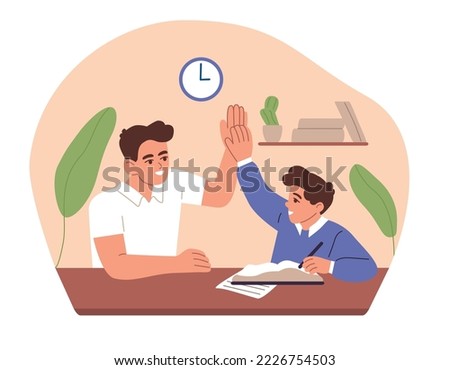 Dad and son doing homework. Parent and child finished a homework together, studying at home. Father helping and supporting kid in learning.Flat vector illustration isolated on white background. Royalty-Free Stock Photo #2226754503