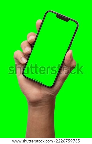 Hand holding smart phone Mockup  on green screen Transparent and Clipping Path isolated for Infographic Business web site design app