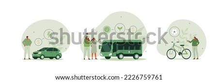 Sustainable transportation illustration set. Characters standing near private electric car, e-bike and public bus. Environmental friendly transport concept. Vector illustration.