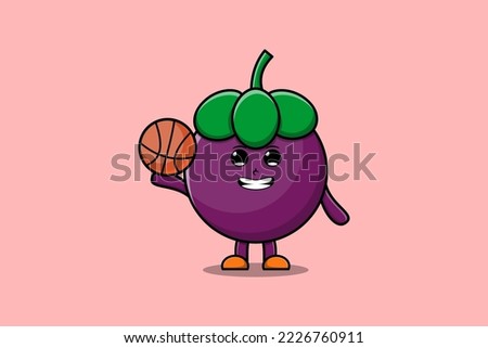 Cute cartoon Mangosteen character playing basketball in flat modern style design illustration