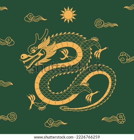 Traditional Asian dragon flying, clouds, sun, gold on green background. 2024 Chinese New Year zodiac sign. Hand drawn vector illustration. Design concept for eastern style print, packaging. Line art.