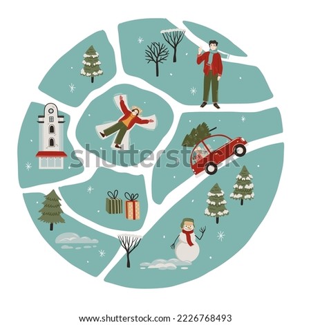 Hand Drawn winter round map creator with houses, pine trees, celebrating  people and outdoor elements. Flat Chrstmas illustration for poster, greeting card, print