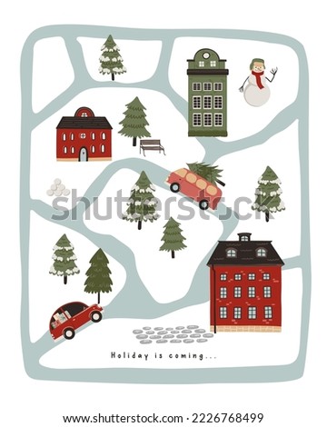 Hand Drawn holiday winter map creator with houses, car, pine trees, people and outdoor elements. Flat illustration for poster, greeting card, print