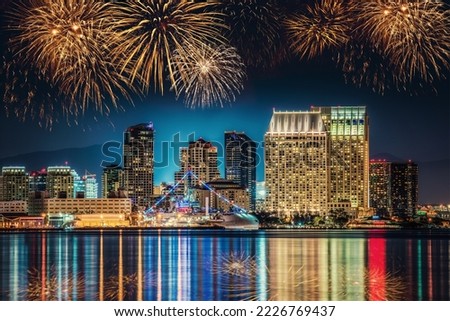 Cityscape of San Diego (California, USA) with fireworks
