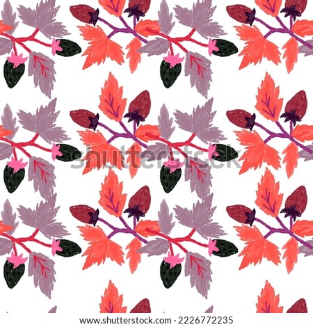 Freehand wild strawberry branch seamless pattern. Hand drawn wild berries floral wallpaper. Strawberry plant endless backdrop. For fabric, textile print, wrapping paper, cover. Vector illustration