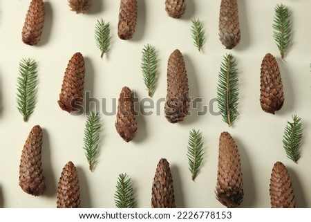 Snow-covered fir branches and Christmas decorations on light wooden background