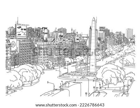 Buenos Aires, Argentina detailed cityscape. Obelisk in 9 de Julio avenue. Black and white hand drawn sketch style vector illustration. Royalty-Free Stock Photo #2226786643