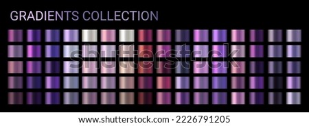 Gradients vector set. Vector neon chrome metal texture surface background swatch template. Metallic and chromium shade combination. Purple, lilac, violet neon chromium shades. Bright vibrant colors Royalty-Free Stock Photo #2226791205