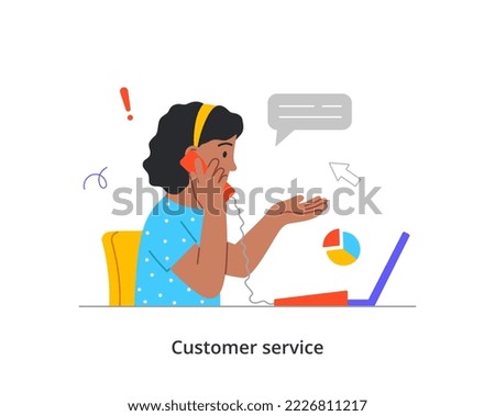 Person during work calls. Customer and User support service. Young woman hotline operator with headset solves problems of user and customers by phone. Cartoon flat vector illustration in doodle style