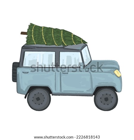 Illustration of a hand drawn car carrying a Christmas tree on its roof. New Year illustration of a delivery service.