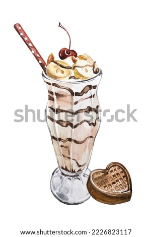 Chocolate taste drink and chocolate candy illustration. Watercolor hand painted summer milkshakes with cherrydesign. Dessert menu. Chocolate ice cream in a highball glass. Cafeteria menu card.