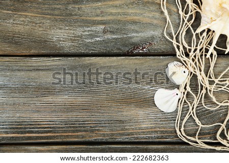 Decor of seashells wooden table background