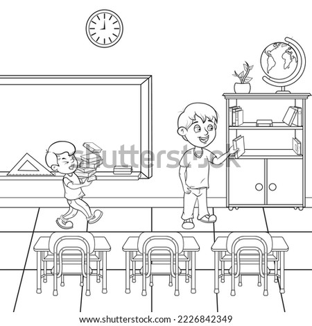 Drawing to paint without color of some children ordering the bookshelf in their classroom at their little school.