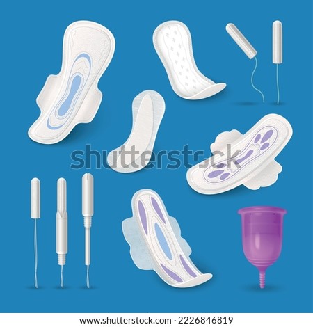 Feminine hygiene realistic icons set with sanitary pads and menstrual cup isolated vector illustration Royalty-Free Stock Photo #2226846819