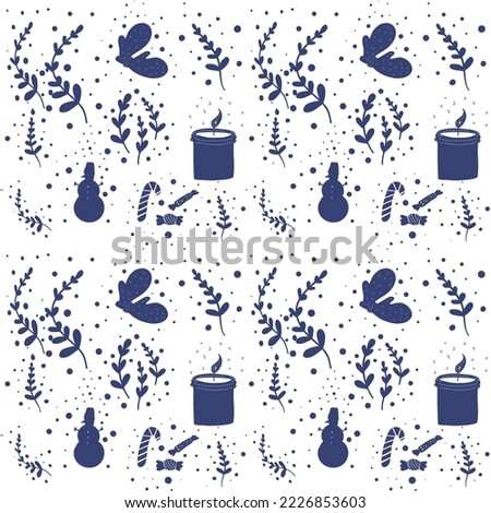 Seamless pattern with candles branches and snowman