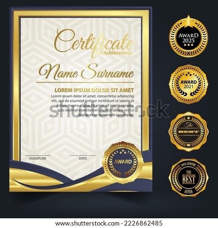 Blue and gold color certificate template design. Certificate of Achievement with a gold badge. Vector Templates