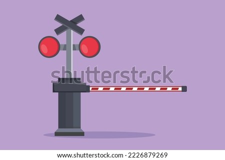 Cartoon flat style drawing automatic railway barrier with siren, stripes, signs, and warning lights closes railroad crossings to prevent vehicles from entering. Graphic draw design vector illustration
