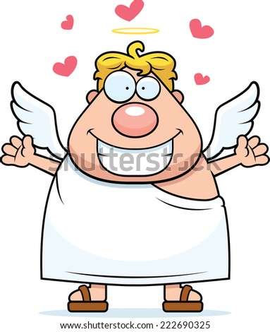 A cartoon illustration of an angel ready to give a hug.