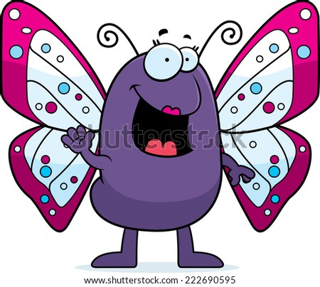 A cartoon illustration of a butterfly smiling and waving.