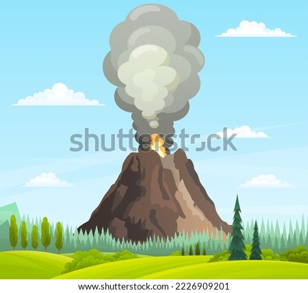 Strong jet of effluent hot lava, white clouds over top. Erupting rock pinnacle volcano disaster with burning fire. Volcanic eruption mountain with magma. Volcano with lava vector illustration