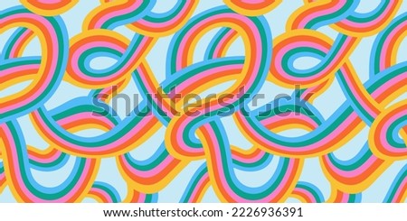 Retro 60s style rainbow seamless pattern with pastel color stripes. Vintage psychedelic wave cartoon background. Trendy hippie 70s stripe print illustration. Royalty-Free Stock Photo #2226936391