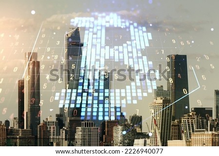 Virtual Bitcoin sketch on New York cityscape background. Double exposure