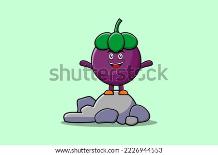 Cute cartoon Mangosteen character standing in stone vector illustration cartoon style