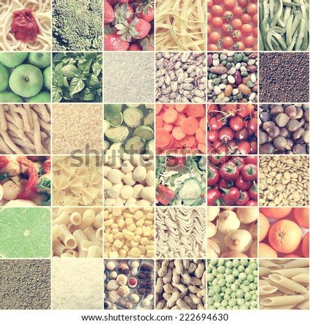 Vintage looking Food collage including pictures of vegetables, fruit, pasta