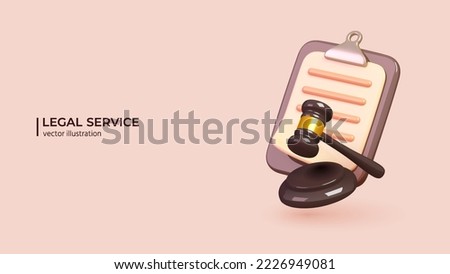 3D Law Service. Realistic 3d design of Judge hammer and Paper clipboard. Commercial law, Legal advice for business. Vector illustration in cartoon minimal style. Royalty-Free Stock Photo #2226949081