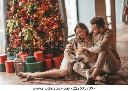 Portrait of young lovely couple hugging indoor eve 25 December with akita inu dog. People in knit stylish outfit hugs kisses tenderness celebrating new year garlands xmas lights noel tree at home