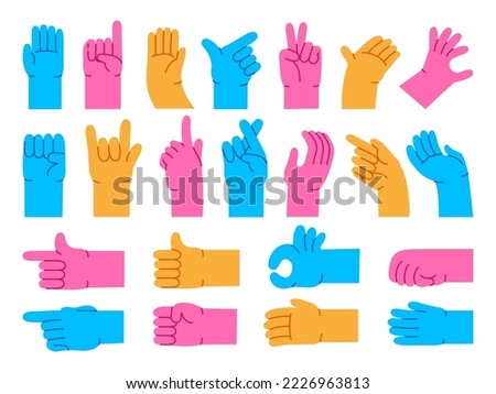 Cartoon hand gestures. Different abstract arms, color pointing hands, ok and thumb up for characters design vector Illustration set. Crossed fingers, victory, comic body language signs