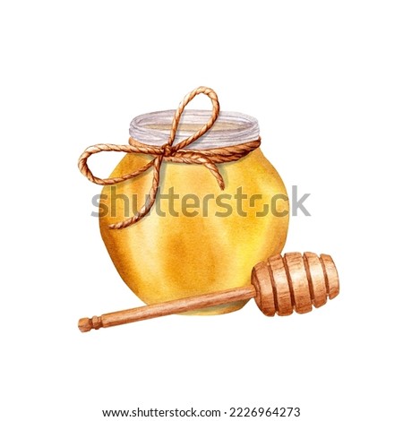 Honey jar and wooden honey stick composition. Watercolor illustration isolated on white
