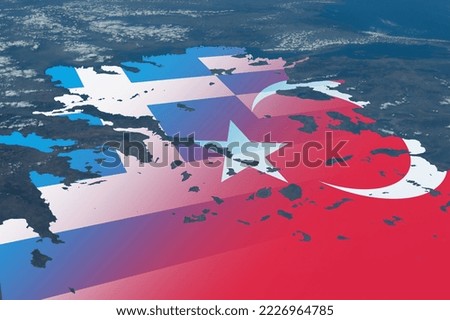 Turkey vs Greece. Turkiye and Greece conflict or military crisis or deal or negotiation or relations or warfare or partnership concept photo. Noise included. Elements of this image furnished by NASA.