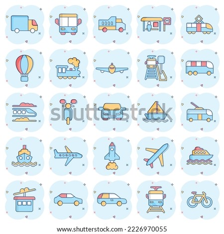 Transport icon set in comic style. Car vector cartoon collection illustration on white isolated background. Shipping transportation splash effect business concept.