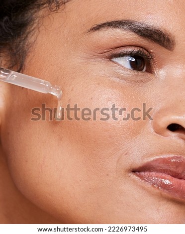 Oil, skincare and woman for beauty, product and cleaning, wellness and hygiene closeup. Face, facial and serum by model and essential oils, retinol or anti aging skin moisturiser, liquid or mask Royalty-Free Stock Photo #2226973495